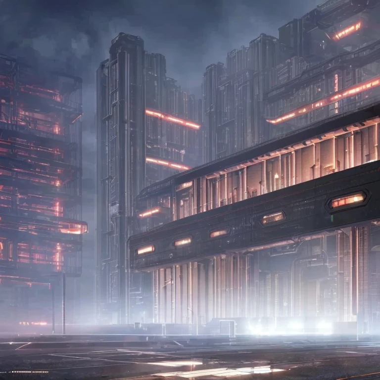 ((Science Fiction Factory)), High quality, Futuristic, Industrial, ()modern industrial)), Huge building with atmosphere fog surrounding it, foreboding,(( front facing)), ((strange lights)), (((Dystopian))) ((extreme Heat)), ((hot lights))