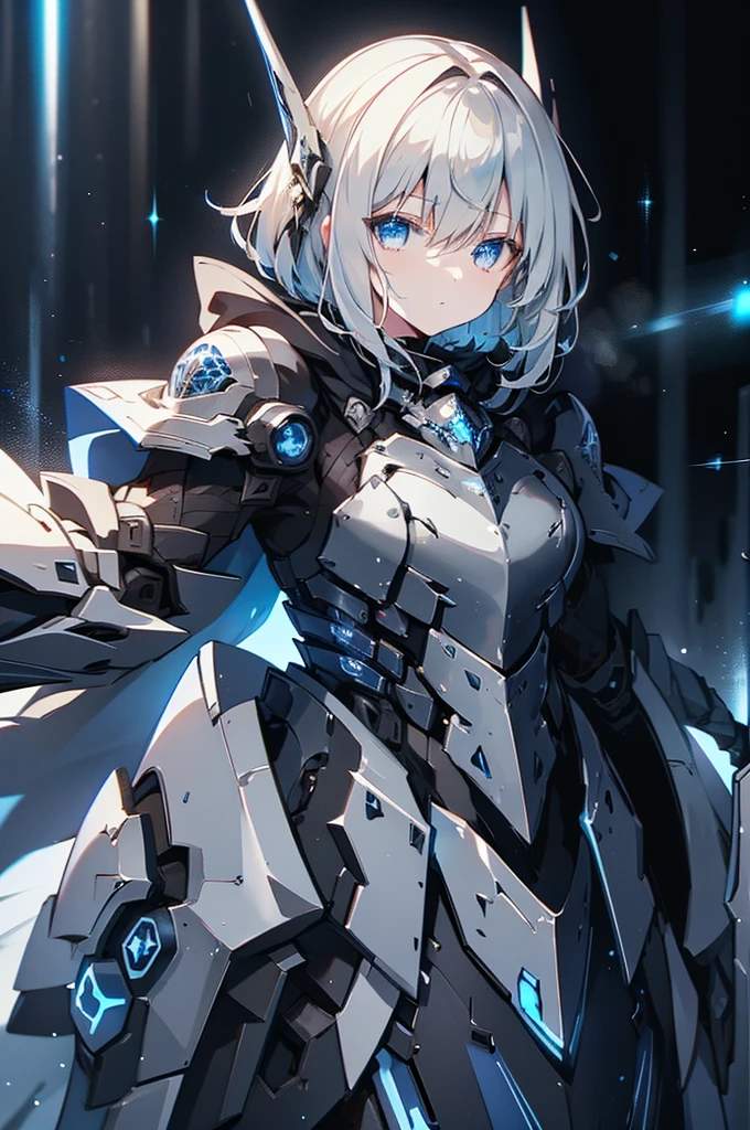 armored girl, grey hood and cape, background dark space battlefield, heavy rain, light silver short hair, blue glowing beautiful eyes, cowboy_shot, blue glowing lined simple armor plate, dark environment, high detailed face, Advance mask, intense war