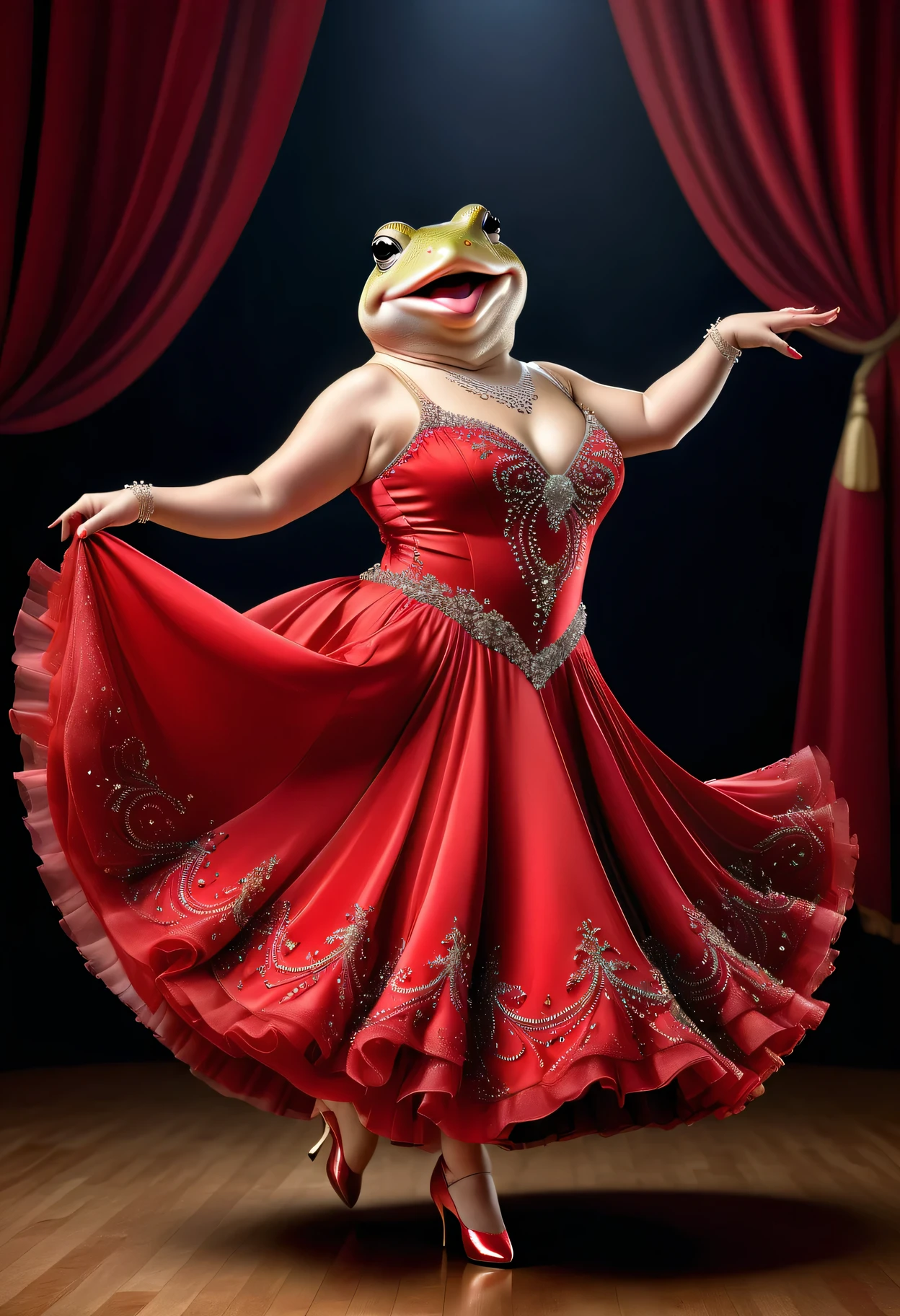 photorealistic portrait of Dressed animals - a ((fat)) toad Ballroom dancer,(dancing:1.2),(smile),(), high quality,(lovely) ,intricate details, highly detailed (female ballroom dancer's red dress )),, highly detailed decorations of dress ,high heels, (happy), studio lighting,(full body image:2.0)