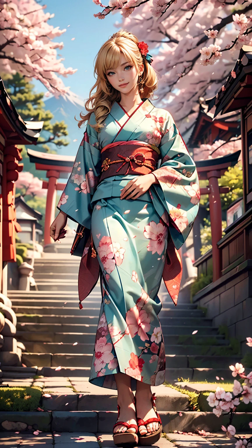 (((masterpiece: 1,5, highest quality, High resolution, Super Resolution, Super detailed: 1,2, Rich background: 1,4))), (close), (One girl), alone, Green Eyes, blonde long hair tied with blue ribbon, hair ornaments, Blunt bangs, smile, high school girl, Mid-chest, ((null中に手を上げる)), kimono, (Blue short-patterned kimono), Sandals, ribbon, heart, ((Outdoor)), Cherry Blossom, (torii), Stone stairs, null (afternoon), Cherry Blossoms fall, ((Dramatic Light: 1,3)), cloudy, (Mt.Fuji scenery)