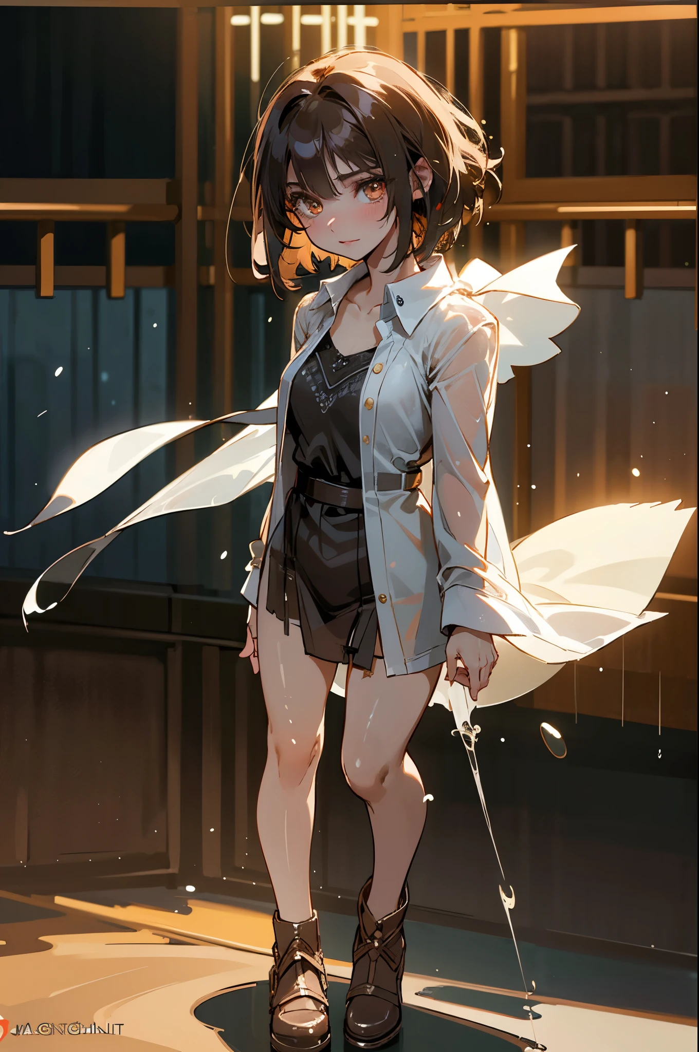 girl, (full body:1.3), rain, night, fantasy, high detailed eye, high qulaity pupil, double eyelid, brown hair, short hair, high detailed real skin, high quality skin, sweaty skin, clear clothes, wide open clothes, see-through panty, professional lighting, real shadow, masterpiece,