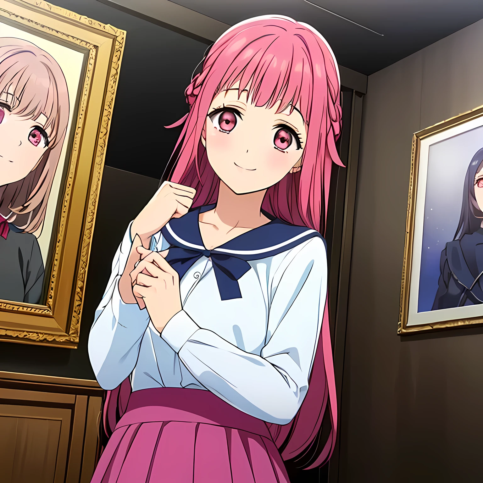 highest quality, (masterpiece:1.2), Very detailed, ((A very beautiful girl casts a strong spell on the viewer in a very pitch-dark room)), (()), (((Beautiful long, very shiny peach-colored hair))), She has a big yellow ribbon in her hair., ((Navy blue sailor suit)), ((Navy blue pleated long skirt)), ((((Very beautiful and shining deep pink eyes)))), ((Very long eyelashes)), A large crimson ribbon on the chest, ((An elegant expression like a noble princess)), (((A beautiful and enchanting smile))), Very good posture, ((The Sabbath rituals are performed)), (((Pitch-dark room))), Black Altar, Black Wall, There are several portraits and bronze statues of beautiful women on display., (((A space for mysteries with a magic circle drawn on it)))
