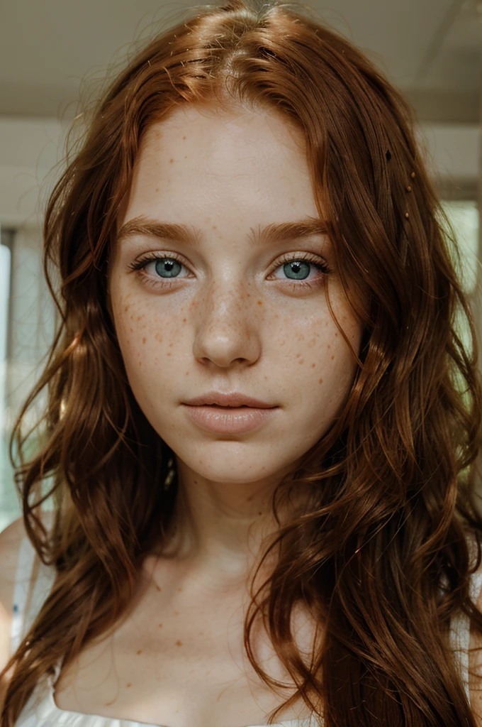 Face Girl redhead wavy hair, yeux verts, freckles, light background 
