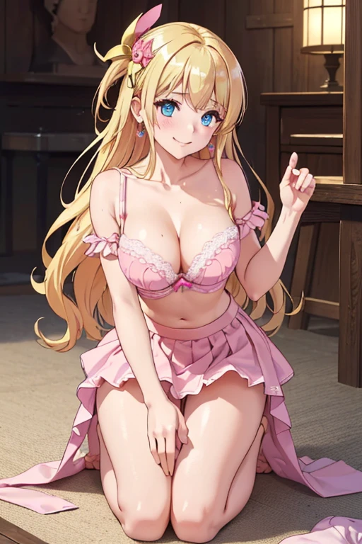 Very detailed CG Unity 8K wallpaper, Cute One lady, Mature Hair、lady ,beautiful lady, pale skin (Super masterpiece, Beautiful person, well detailed face polluted smile, Photorealistic, hyper realisitic), Perfect hands、Five fingers、Perfect hands、Perfect legs、Perfect toes、
((20year old、Pink Bra、Pink gorgeous skirt 、Best Bust、(Bust 85cm)、(middle breasts)、
open chest wide、Happiness、A slender、Shy face、earrings、kneeling,Get closer to your audience、The gesture of pulling up the hair:1.3))、
hiquality、visualart、Romance movie style、
(In a crowded city、seen by many people)、cleavage,cleavage cutout、(Sweaty all over:1.5)、midriff peek、
hinata tachibana, long hair, blue eyes, blonde hair,
(hair ornament:1.5)