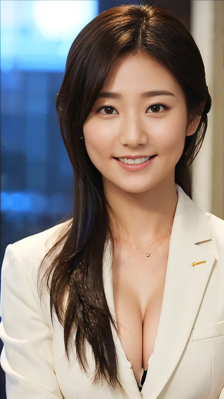 1 Female,Photorealistic,Highest quality,Ultra high definition,8K,Cool Beauty,Beauty,Perfect Style,In a suit,Cleavage,Japanese,Upper body close-up,smile,looking at the camera,Small breasts