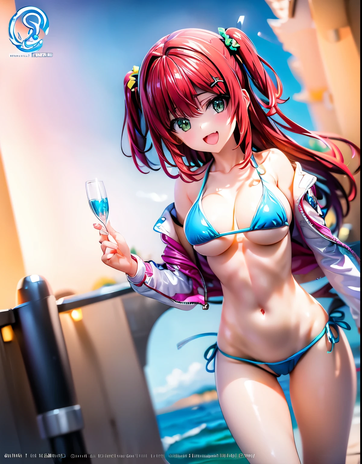 best quality, masterpiece, extremely detailed CG, official art , professional lighting, detailed background, sakimiyairuka, red hair, green eyes,(one side up), medium hair, green scrunchie, hair ornament, gleaming skin, big breasts, groin, cameltoe, micro bikini, smile, one eye closed, 