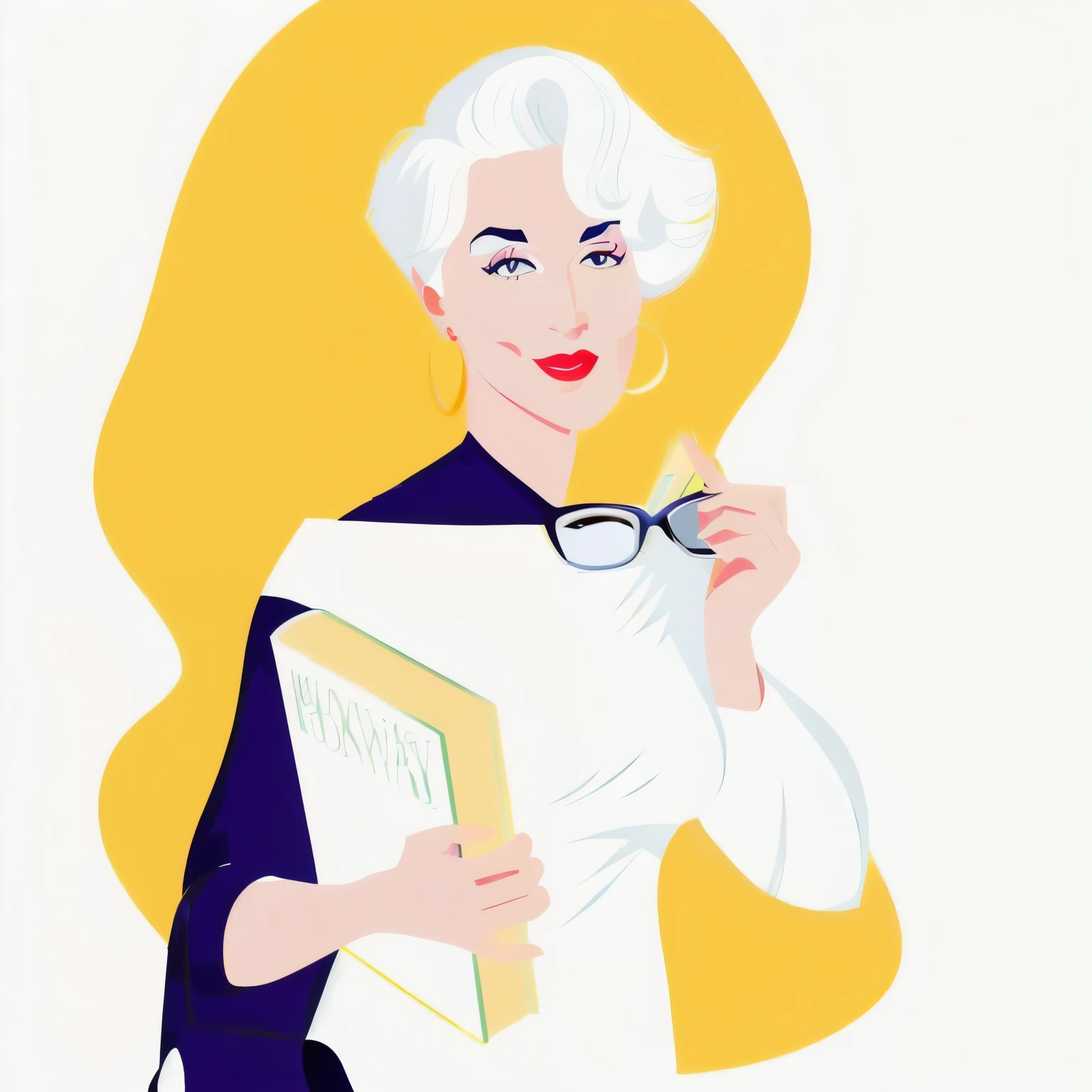 a cartoon of a woman with a book and sunglasses, white haired lady, by Pamela Drew, inspired by Marilyn Bendell, by Hugh Hughes, inspired by Joanna Carrington, by Olivia de Berardinis, in style of digital illustration, by Jeka Kemp, vector style drawing, full color illustration, with short bobbed white hair, by Silvia Dimitrova