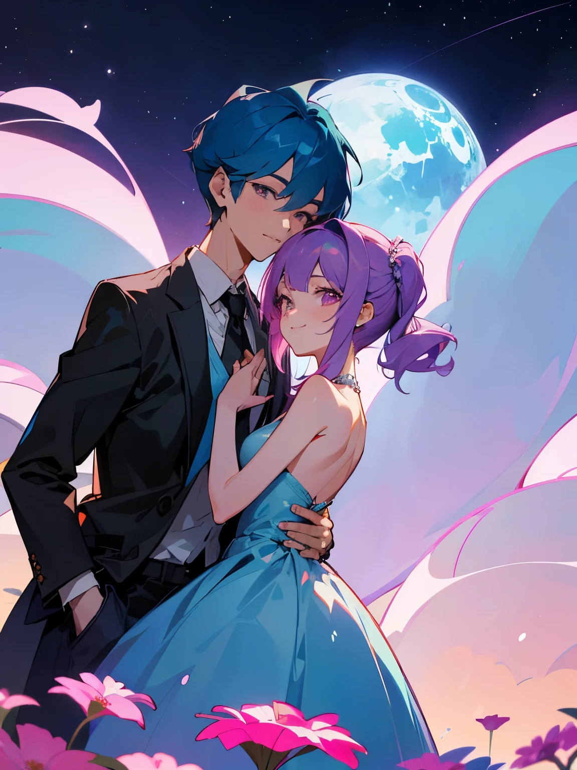 cartoon of a boy and a girl standing close together, ddlc, in the art style of 8 0 s anime, 9 0 s anime style, 90s anime style, in anime style, in an anime style, anime aesthetic, anime vibes, 9 0 s anime aesthetic, 9 0 s anime art style, lofi boy and girl, beautiful background outside, background at night with stars and a moon, fairy lights, beautiful background in a floral garden with fairy lights at night, a cute boy and a cute girl, beautiful faces, a boy and a girl, don't extra hands, NO extra hands, generate a boy and a girl with NO extra hands, NO extra arm, the boy has a short hairstyle and the girl has a long hairstyle, the boy has blue hair, the girl has pink hair, pretty faces, cute pretty boy in a smoking dress, cute pretty girl in a beautiful dress, with amazing smile, boy has a pretty smile, girl has a cute smile, cartoon of a boy and a girl standing close together, ddlc, in the art style of 8 0 s anime, 9 0 s anime style, 90s anime style, in anime style, in an anime style, anime aesthetic, anime vibes, 9 0 s anime aesthetic, 9 0 s anime art style, lofi boy and girl, beautiful background outside, background at night with stars and a moon, fairy lights, beautiful background in a floral garden with fairy lights at night, a cute boy and a cute girl, beautiful faces, a boy and a girl, don't extra hands, NO extra hands, generate a boy and a girl with NO extra hands, NO extra arm, the boy has a short hairstyle and the girl has a long hairstyle, the boy has blue hair, the girl has pink hair, pretty faces, cute pretty boy in a smocking dress, cute pretty girl in a beautiful dress, with amazing smile, boy has a pretty smile, girl has a cute smile