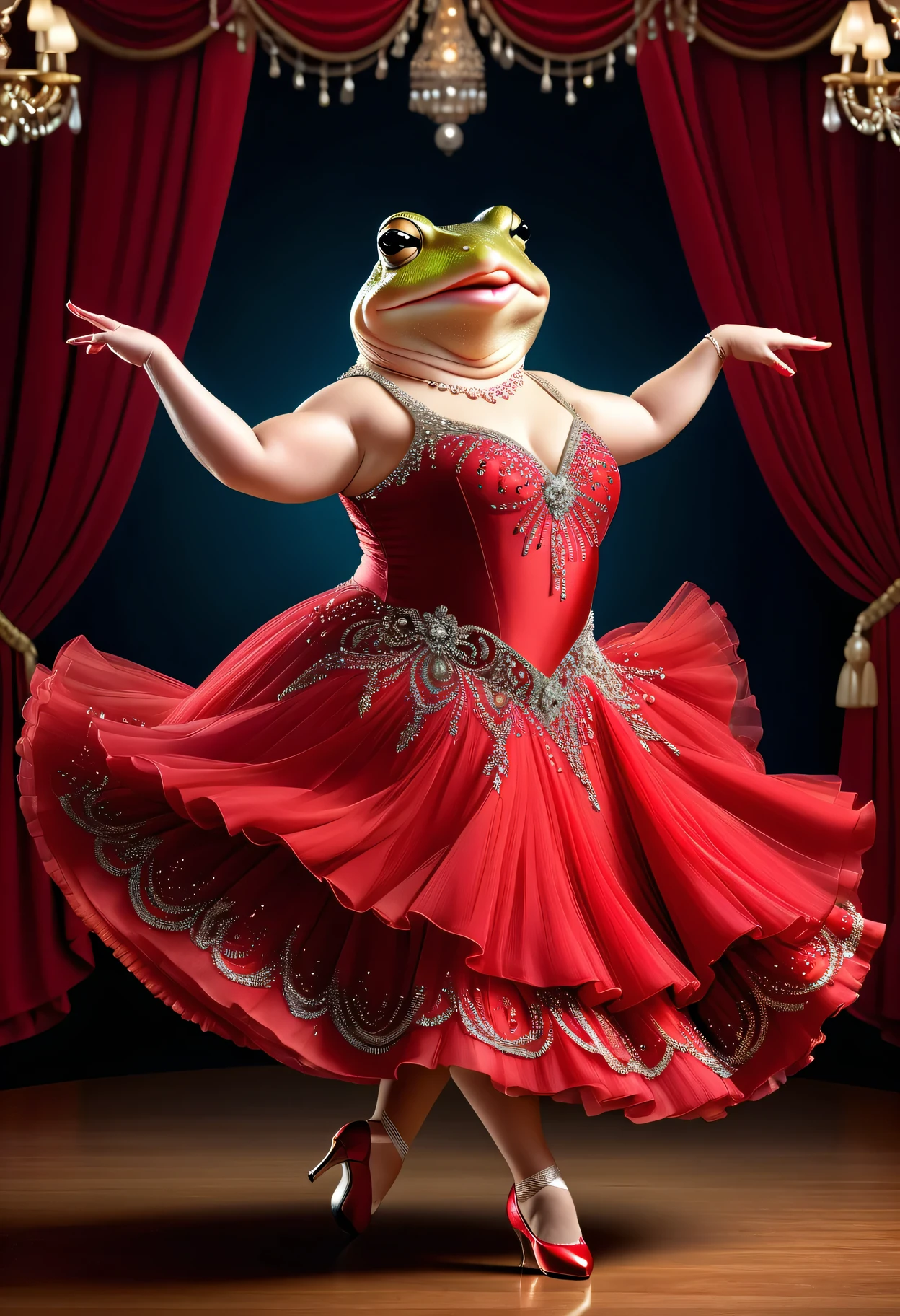 photorealistic portrait of Dressed animals - a ((fat)) toad Ballroom dancer,(dancing),(smile),(), high quality,(lovely) ,intricate details, highly detailed (female ballroom dancer's red dress )),, highly detailed decorations of dress ,high heels, (happy), studio lighting,(full body image:2.0)