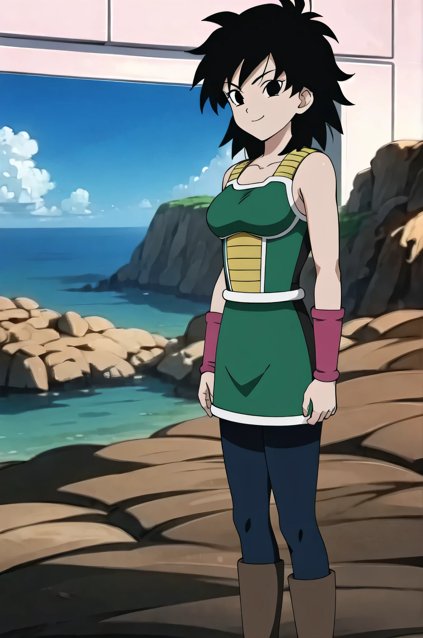 source_anime, score_9,score_8_up, score_7_up, ginedb, anime screencap, 1girl, solo, breasts, looking at viewer, smile, black hair, bare shoulders, medium breasts, closed mouth, standing, upper body, black pantyhose, boots, outdoors, sky, day, cloud, water, black eyes, blue sky, bare arms, depth of field, background, happy, cloudy sky, spiked hair, pink wristband, arm at side, arms at sides, horizon, monkey tail, saiyan armor, green skirt, eyebrows, eyelashes, green saiyan armor, collarbone, cowboy shot