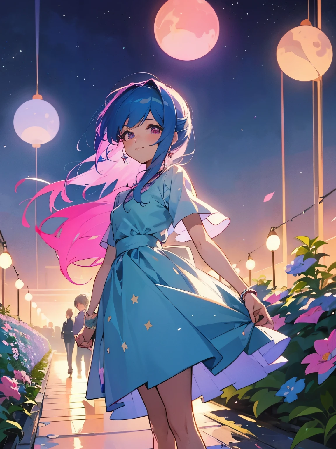 cartoon of a boy and a girl standing close together, ddlc, in the art style of 8 0 s anime, 9 0 s anime style, 90s anime style, in anime style, in an anime style, anime aesthetic, anime vibes, 9 0 s anime aesthetic, 9 0 s anime art style, lofi boy and girl, beautiful background outside, background at night with stars and a moon, fairy lights, beautiful background in a floral garden with fairy lights at night, a cute boy and a cute girl, beautiful faces, a boy and a girl, don't extra hands, NO extra hands, generate a boy and a girl with NO extra hands, NO extra arm, the boy has a short hairstyle and the girl has a long hairstyle, the boy has blue hair, the girl has pink hair, pretty faces, cute pretty boy in a smoking dress, cute pretty girl in a beautiful dress, with amazing smile, boy has a pretty smile, girl has a cute smile, cartoon of a boy and a girl standing close together, ddlc, in the art style of 8 0 s anime, 9 0 s anime style, 90s anime style, in anime style, in an anime style, anime aesthetic, anime vibes, 9 0 s anime aesthetic, 9 0 s anime art style, lofi boy and girl, beautiful background outside, background at night with stars and a moon, fairy lights, beautiful background in a floral garden with fairy lights at night, a cute boy and a cute girl, beautiful faces, a boy and a girl, don't extra hands, NO extra hands, generate a boy and a girl with NO extra hands, NO extra arm, the boy has a short hairstyle and the girl has a long hairstyle, the boy has blue hair, the girl has pink hair, pretty faces, cute pretty boy in a smocking dress, cute pretty girl in a beautiful dress, with amazing smile, boy has a pretty smile, girl has a cute smile  