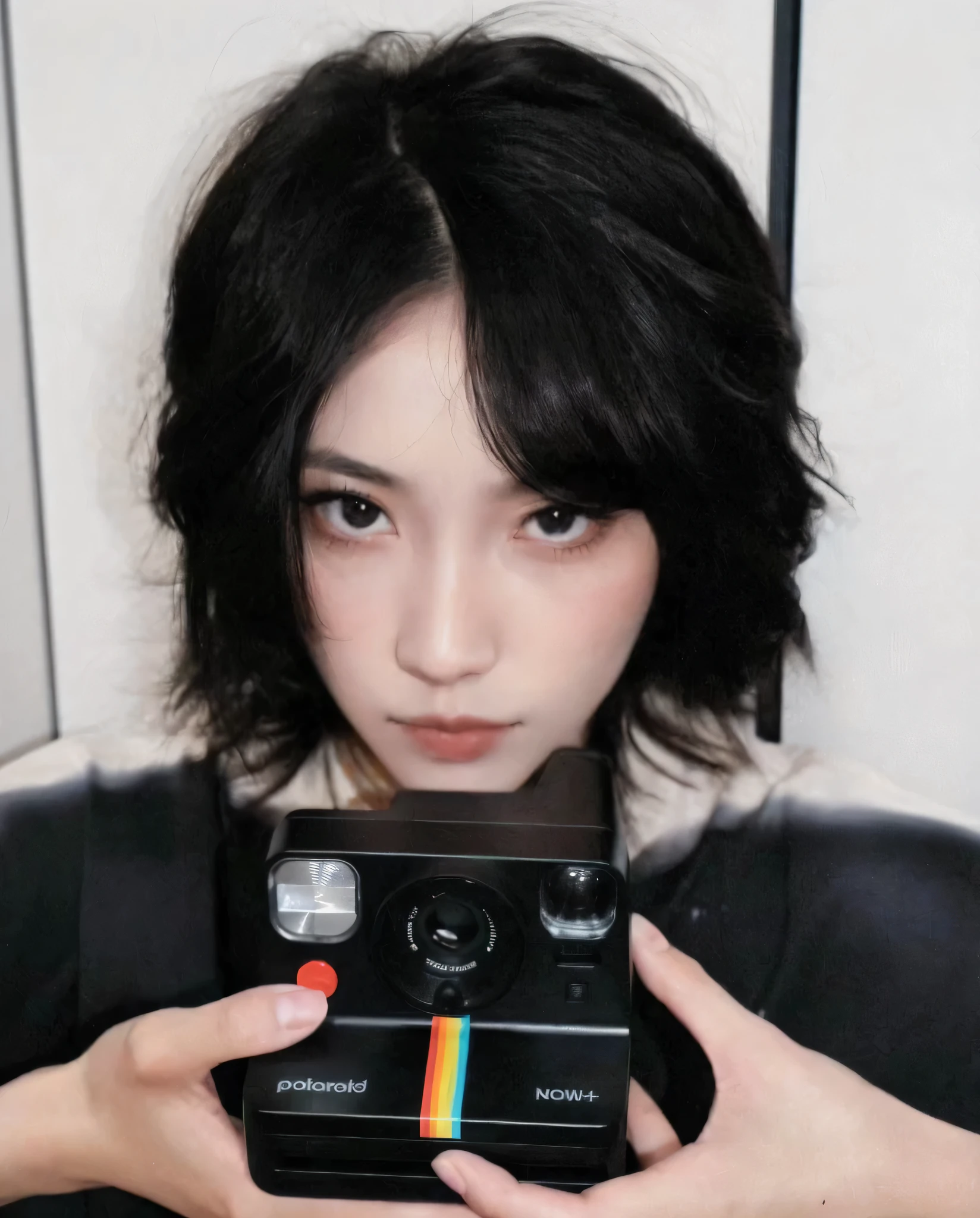 An Araaf woman holds a Polaroid camera in front of her face, Ishida Sui with black hair, A fusion of anime style with Fujifilm, short hair, Ulzan, This is Junji&#39;s style., photography], black hime cut hair, Shinsui Ito, The motto is Teshirogi, Inspired by Yuko Tatsujima, Ishida Sui