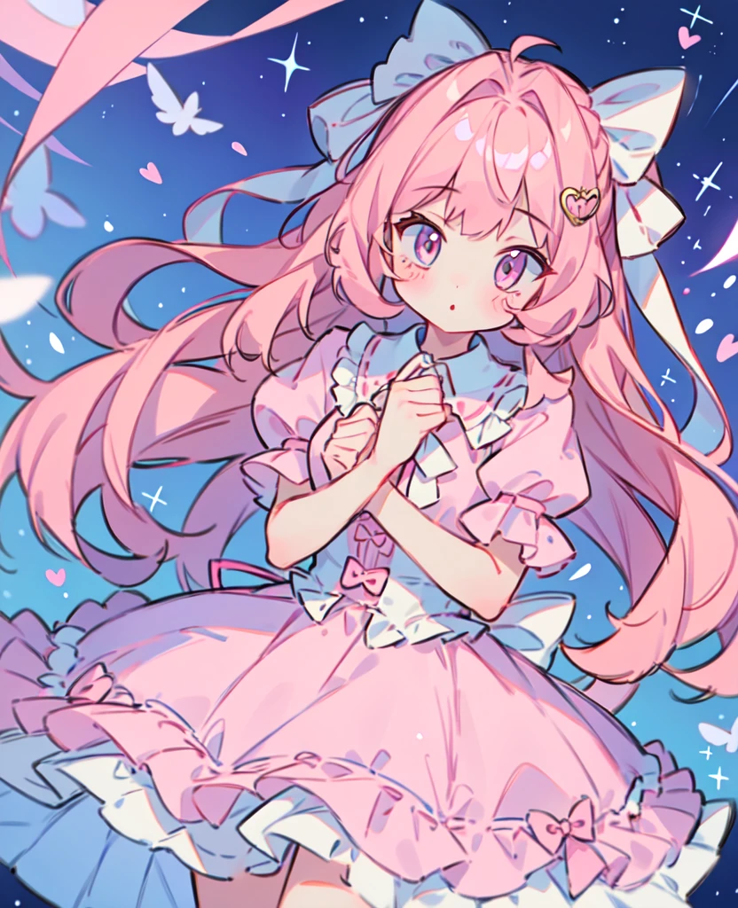 1 girl, Pink Hair, Double tail, Pink shirt, Fluffy collar, skirt, heart and your hands, White ribbon on hair, Lots of hair accessories, lolita whore
