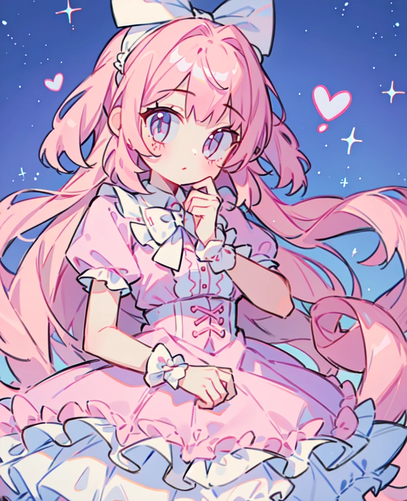 1 girl, Pink Hair, Double tail, Pink shirt, Fluffy collar, skirt,  heart and your hands, White ribbon on hair, Lots of hair accessories, ****ta whore