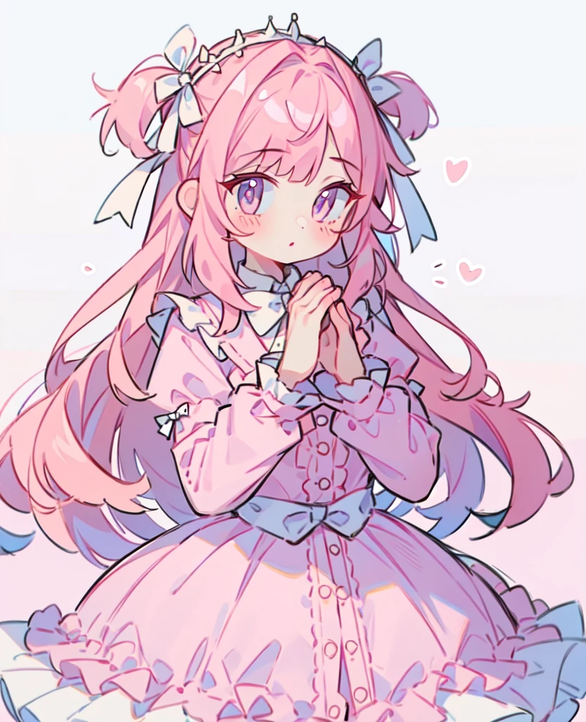 1 girl, Pink Hair, Double tail, Pink shirt, Fluffy collar, skirt, heart and your hands, White ribbon on hair, Lots of hair accessories, ta whore