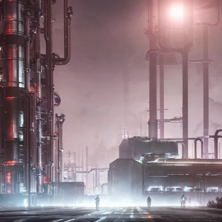 ((Science Fiction Factory)), High quality, Futuristic, Industrial, Huge building with atmosphere fog surrounding it, foreboding,(( front facing)), ((strange lights)), (((Dystopian))) ((extreme Heat)), ((hot lights))