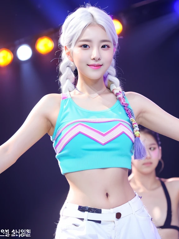 best quality,masterpiece,high resolution,HD,Ultra-clear face,a korean beauty,24 years old,Korean female idol,white hair,white hair,Cute double braids,Korean makeup,Summer Fashion Design Pattern Cool Belly Revealing Performance Clothes,summer style stage,Small waist,Real Body,Cute perfect expression