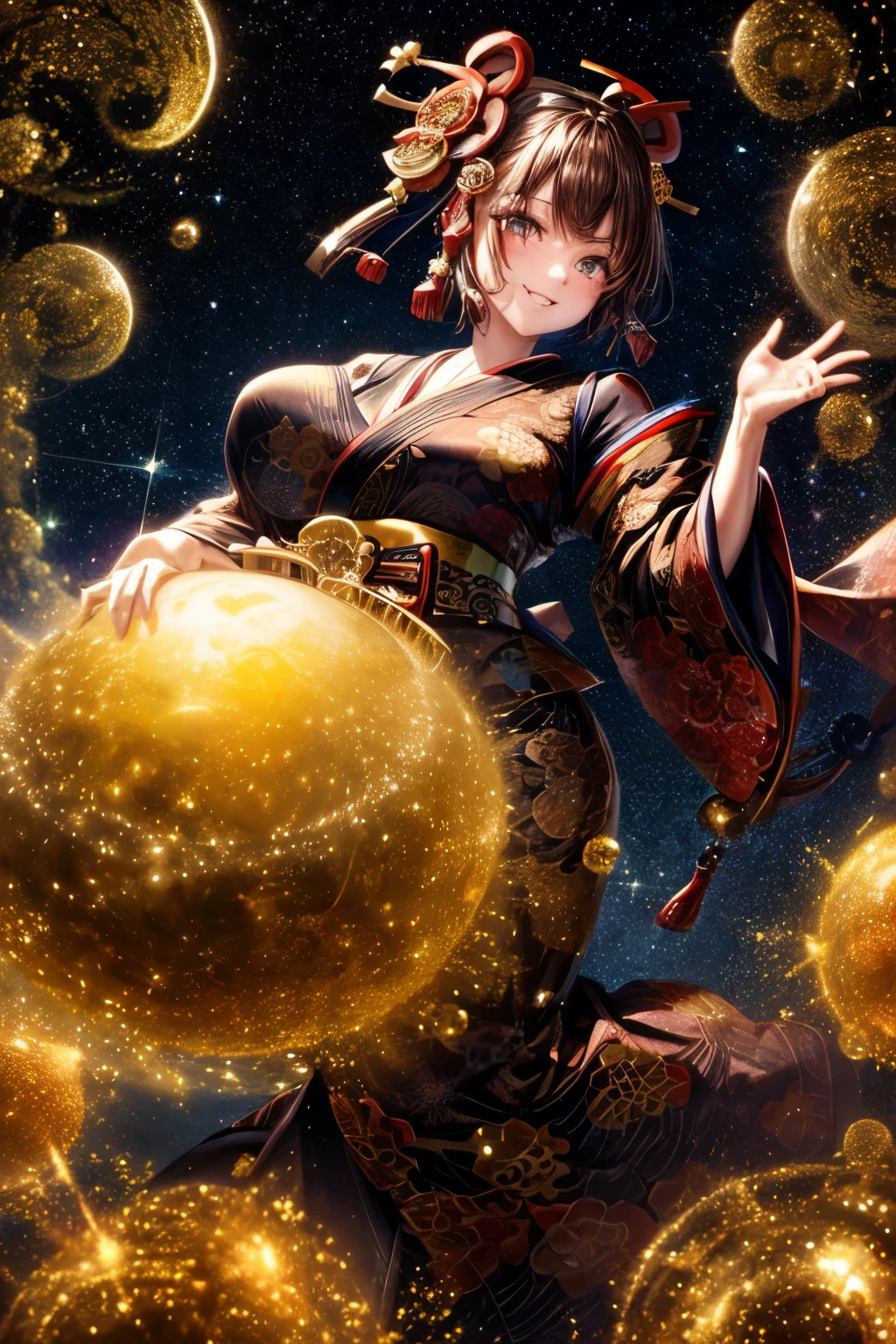 ((worst quality, low-quality)), ((a closeup)), (Girl: 1.2), (Big breasts), (Black hair, short cut: 1.3), (Cute pose: 1.2), Plump and glossy lips, beautiful clear eyes, ( Vest (Smile), Spoken Heart, (Perfect Hand: 1.2), (Brown Theme: 1.4), (With Oiran: 1.3), (Maxi Length Black Kimono [with Gold]) Obi: 1.4), (Delicate Gold Embroidery) ) Flashy pattern: 1.3), (Off shoulder: 1.4), (Clogs: 1.2), (Flashy hair ornament: 1.3), (Super huge ribbon in front: 1.2), Waist: 1.3), Low angle shot, ( Enchanting Light) ), Moonlight: 1.4), Rock Swirls and Filigree, Iridescent Bubbles, Fantastic Sparkle, Magical Hologram Glow, Earth Effect, Essential, Top Quality, Super Detailed, Masterpiece,