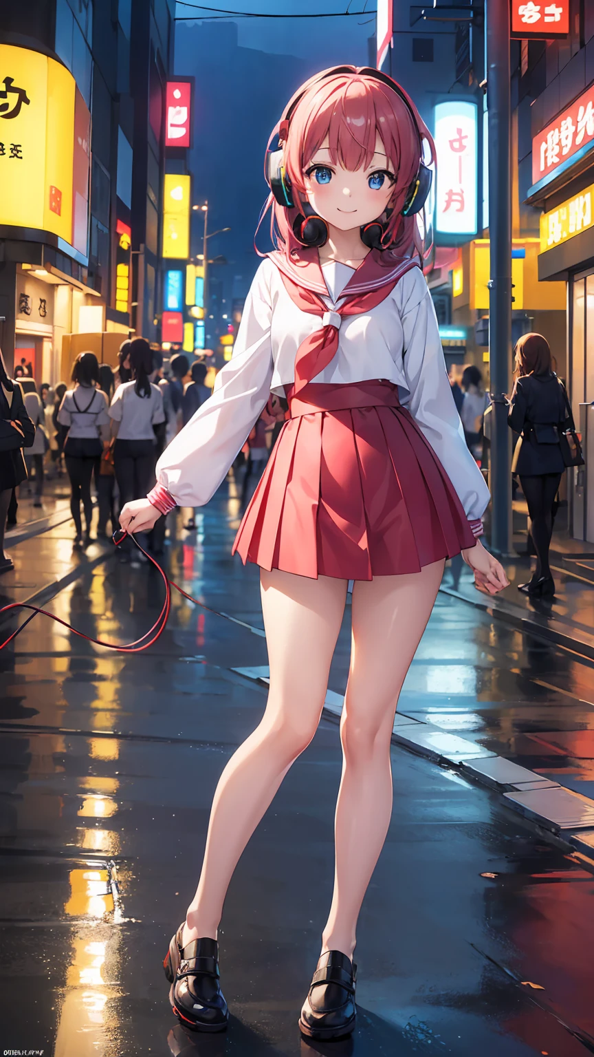 (masterpiece), (highest quality:1.4), (Ultra-high resolution:1.2),  Ultra-detailed backgrounds, (unity 8k wallpaper),Shibuya Ward、City Pop、(Headphones:1.5)、masterpiece, (Anime girl alone:1.3), Incredibly absurd, Sailor suit,pedestrian crossing, Outdoor, rain, Tokyo, Neon Light.high school girl、profile、Full body shot、slender、tall、7 heads、Small face、smile