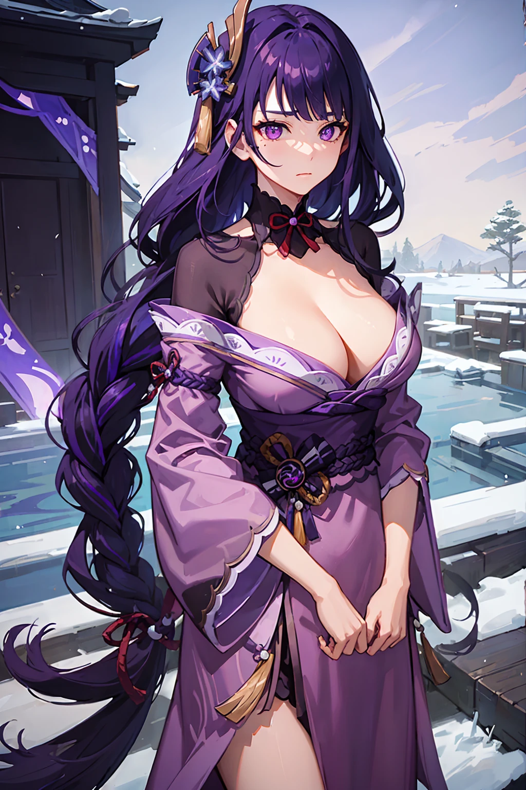 raidenshogun,1girl,mole,braided ponytail,cleavage,standing,long hair, looking at viewer,closed mouth, purple pupils, purple hair, ((sfw)),((purple night gown))