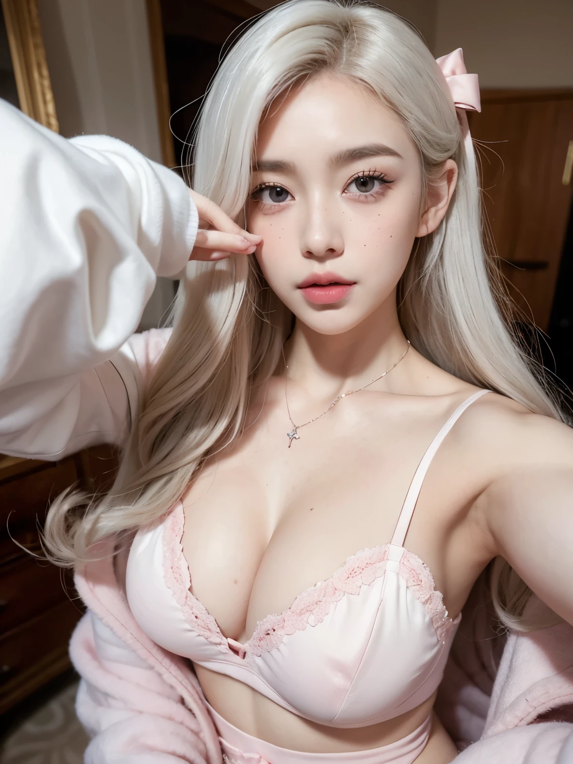 A beautiful girl, with brown-white hair, with curly tips, with two bows on each side of her hair, all her hair brown-white, with a star clip in her brown-white hair, light-colored eyes, beautiful eyes, teary eyes, a beautiful and perky nose, a teary nose, pretty lips, pink lips, heart-shaped and cupid's bow lips, beautiful pale skin, white skin, with freckles and moles all over her face, soft pink blush on her cheeks, natural pink blush, soft and pink makeup, a cruel gothic girl, a beautiful neck, a marked neck, furrowing her brow, a tender gaze, wearing a kiss necklace, a beautiful kiss necklace, resembling Yumeko Jabami, wearing a shirt, a Crochet YK2, with a YK2-style brown miniskirt, while wearing a jacket with teddy bear prints, with a bare, slim, and beautiful abdomen, (large breasts, soft breasts, beautiful breasts), while cosplaying as the character Yumeko Jabami from the anime Kakegurui, looking at the camera, taking a nice selfie.