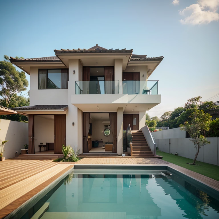 Creat two dimensional render  design that at hilltop area which consists infinity swimming pool with deck  with  view side facing two bedroom with attached toilet  and hall beside tis kitchen plus dinning,common toilet, through Connected stair case 