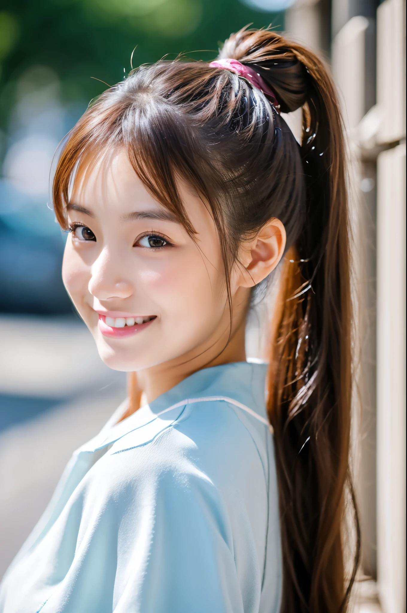 No sleeve, ponytail, Japanese Girls, 8k, Legal Photography, highest quality, masterpiece, Realistic, Photorealistic ultra-detailed, One Girl, cute, The best smile, Beautiful Eyes, Long Hair, Perfect Face,