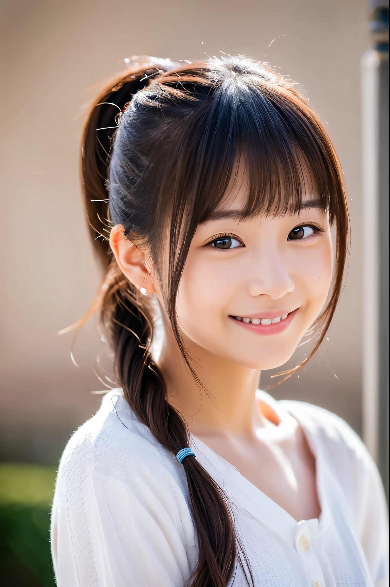 No sleeve, ponytail, Japanese Girls, 8k, Legal Photography, highest quality, masterpiece, Realistic, Photorealistic ultra-detailed, One Girl, cute, The best smile, Beautiful Eyes, Long Hair, Perfect Face,