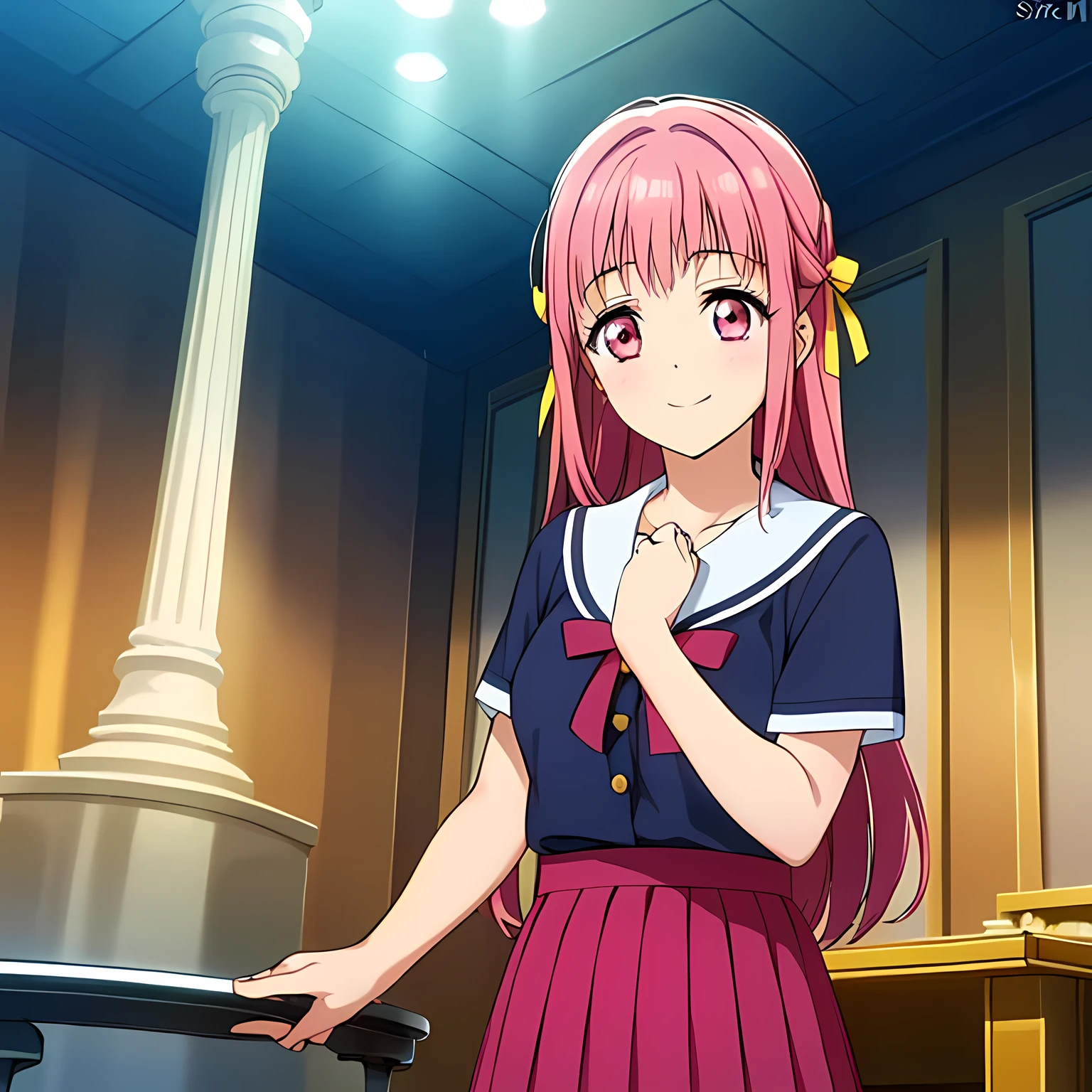 highest quality, (masterpiece:1.2), Very detailed, ((A very beautiful girl casts a strong spell on the viewer in a very pitch-dark room)), ((16 years old)), (((Beautiful long, very shiny peach-colored hair))), She has a big yellow ribbon in her hair., ((Navy blue sailor suit)), ((Navy blue pleated long skirt)), ((((Very beautiful and shining deep pink eyes)))), ((Very long eyelashes)), A large crimson ribbon on the chest, ((An elegant expression like a noble princess)), (((A beautiful and enchanting smile))), Very good posture, ((The Sabbath rituals are performed)), (((Pitch-dark room))), Black Altar, Black Wall, There are several portraits and bronze statues of beautiful women on display., (((A space for mysteries with a magic circle drawn on it)))