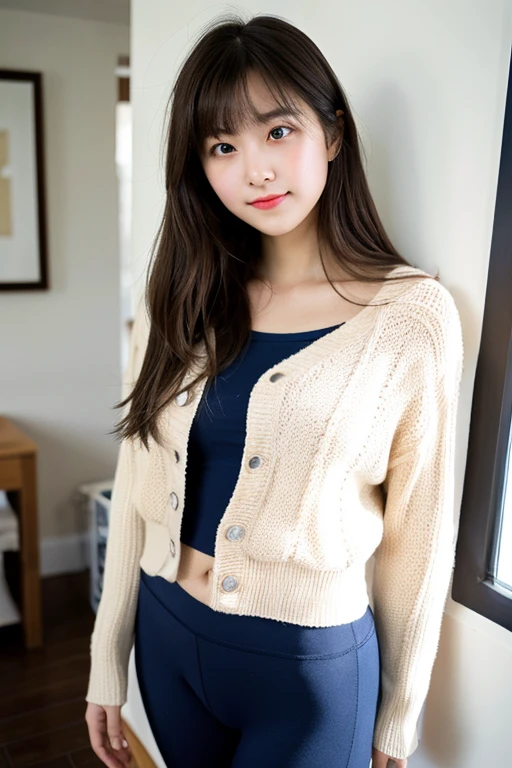 Real, highest quality, girl, high school girl, high resolution, natural skin, portrait, looking at camera, Photo_Light, {{}}, Ulzzang-6500-v1.1:0.8 Forward facing, upright, no makeup, inorganic white in the front room A wall, a tight-fitting camisole with an open chest, big eyes, dark blue very short socks, a serious honor student, and leggings. ,smile
