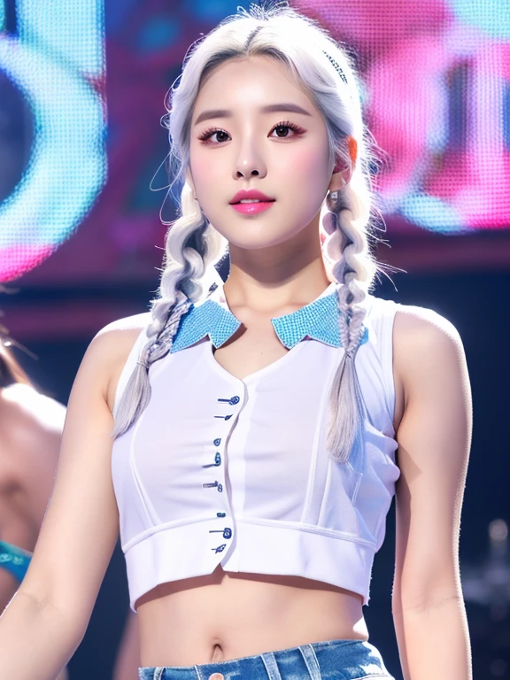 best quality，masterpiece，high resolution，HD，Ultra-clear face，a korean beauty，24 years old，Korean female idol，white hair，white hair，Cute white double braids，Korean makeup，Summer Fashion Design Pattern Cool Belly Revealing Performance Clothes，summer style stage，Small waist，Real Body，Cute perfect expression，Vest line