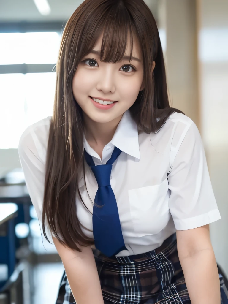 A beautiful Japanese shy girl, age 18 years old, brown big eyes, shiny lip, shiny hair, ecstatic expression, wearing white business shirts, wearing blue plaid skirt, wearing black Pantyhose, in school scape, The background is very blurry, light shine in, Leaning forward