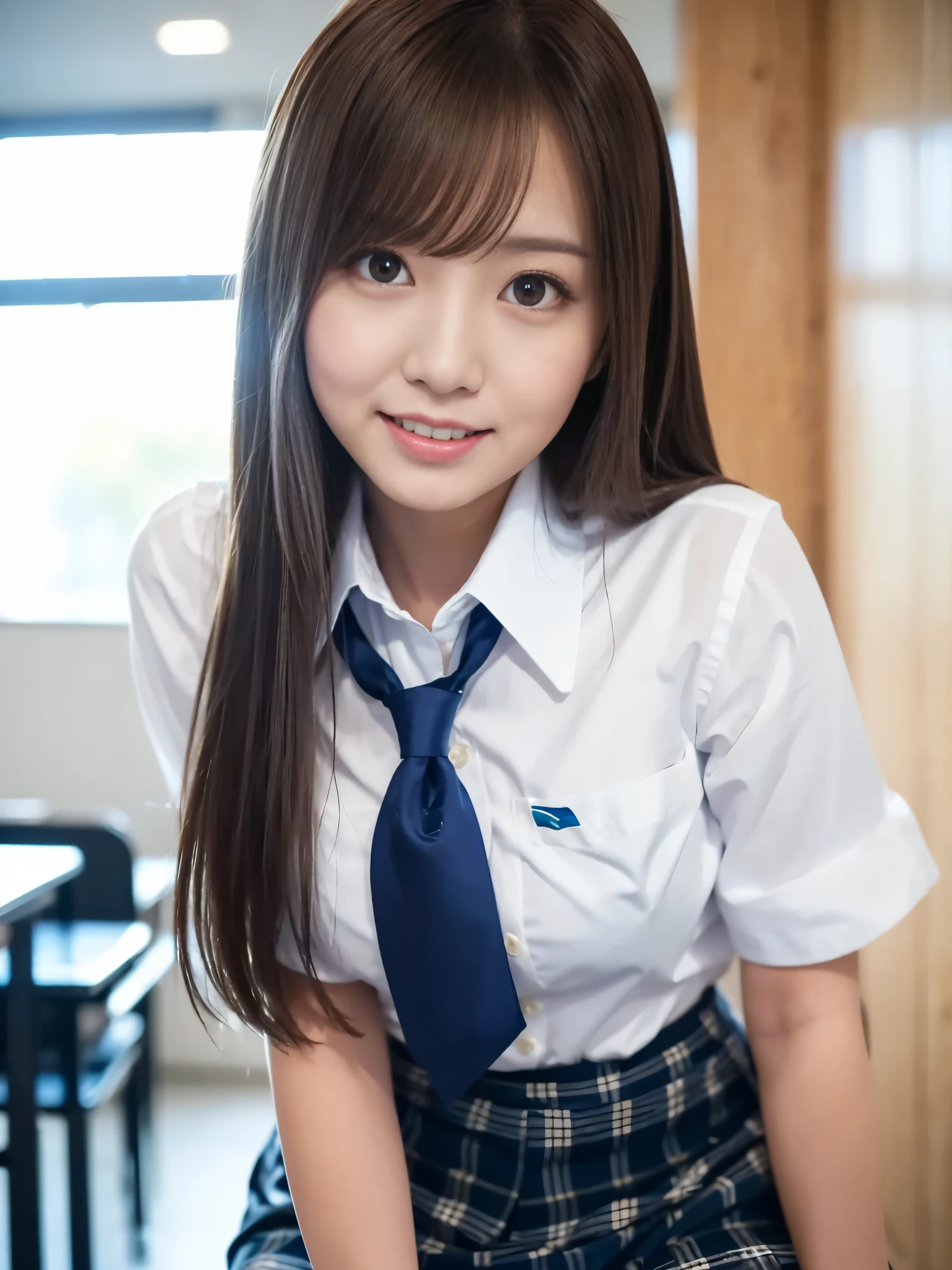 A beautiful Japanese shy girl, age 18 years old, brown big eyes, shiny lip, shiny hair, ecstatic expression, wearing white business shirts, wearing blue plaid skirt, wearing black Pantyhose, in school scape, The background is very blurry, light shine in, Leaning forward
