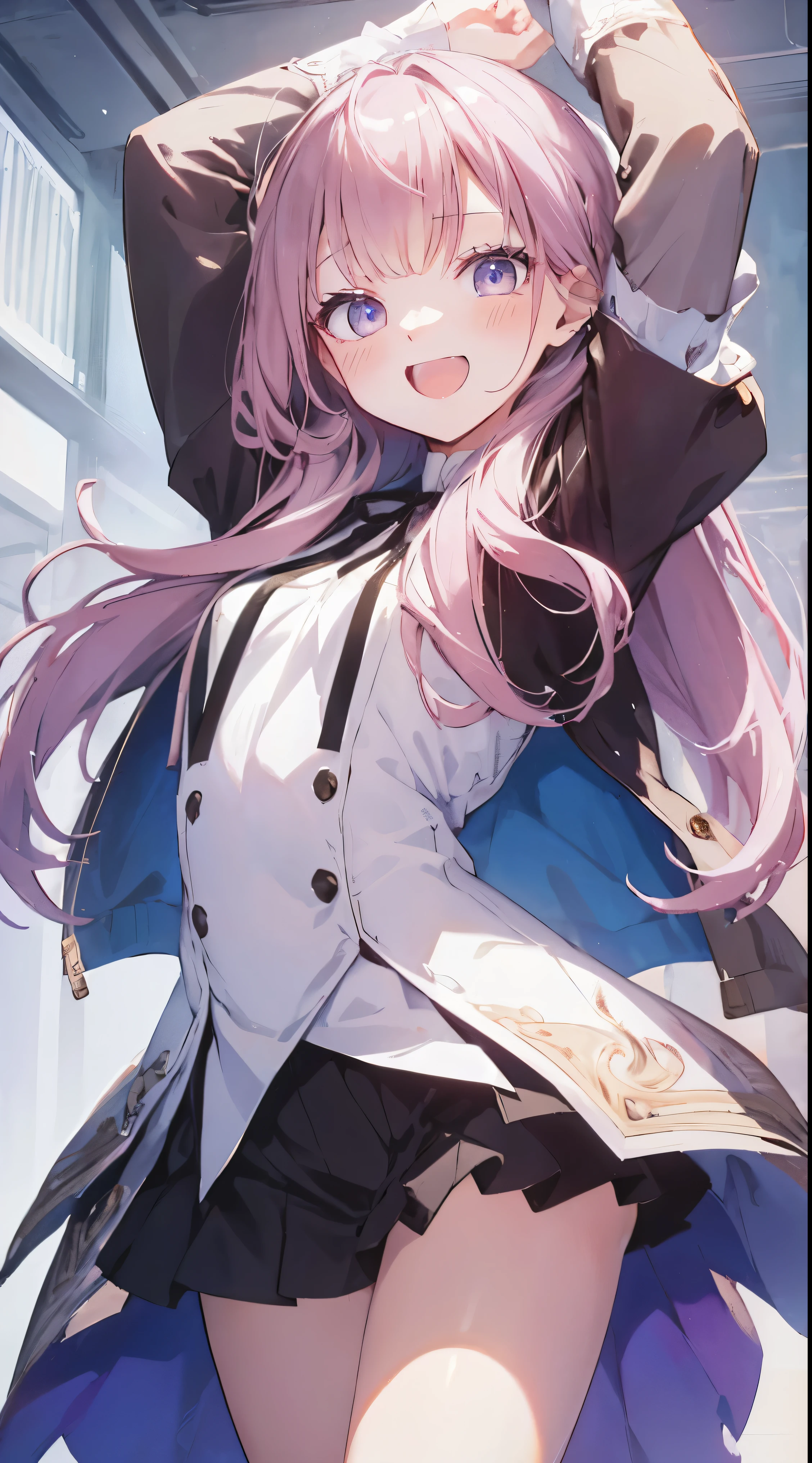 Masterpiece、Highest quality、highest quality、((((Petite))))、(Open Mouth Smile)、Shiny hair quality、Small face、Dynamic pose、Super detailed, beautiful, wide eyes、Ultra-detailed, clear and beautiful faces、(cute illustration:1.2), High-resolution, ultra-detailed, best quality, embarrassed、Thighs