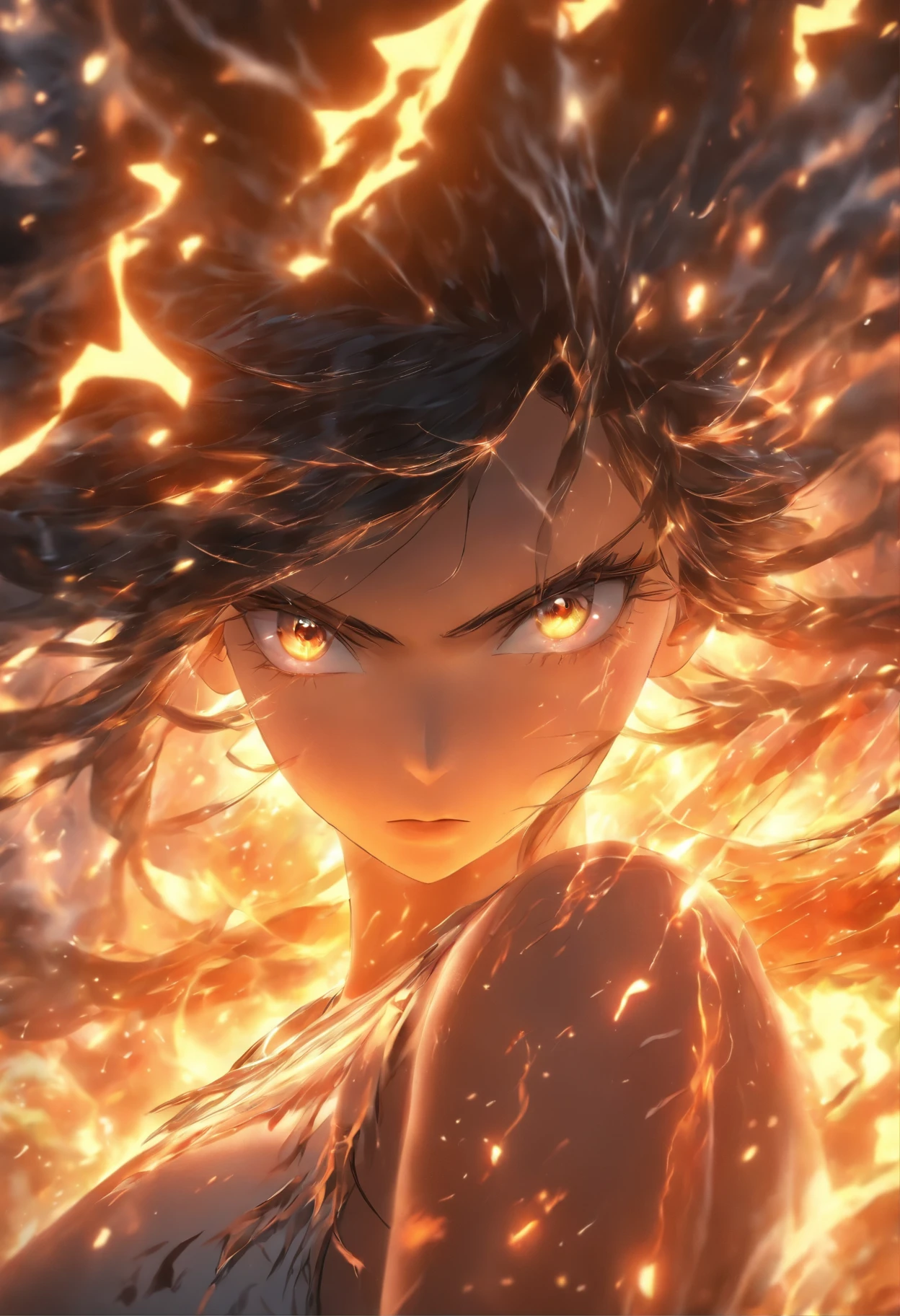 (best quality), (masterpiece), (Reality), Girl&#39;s upper body close-up, 1 girl, Black Hair, Long hair, White Veil, Lightning dendrites, Delicate eyes, beautiful facial features, Surrounded by flames, Game CG, Ultra Detailed