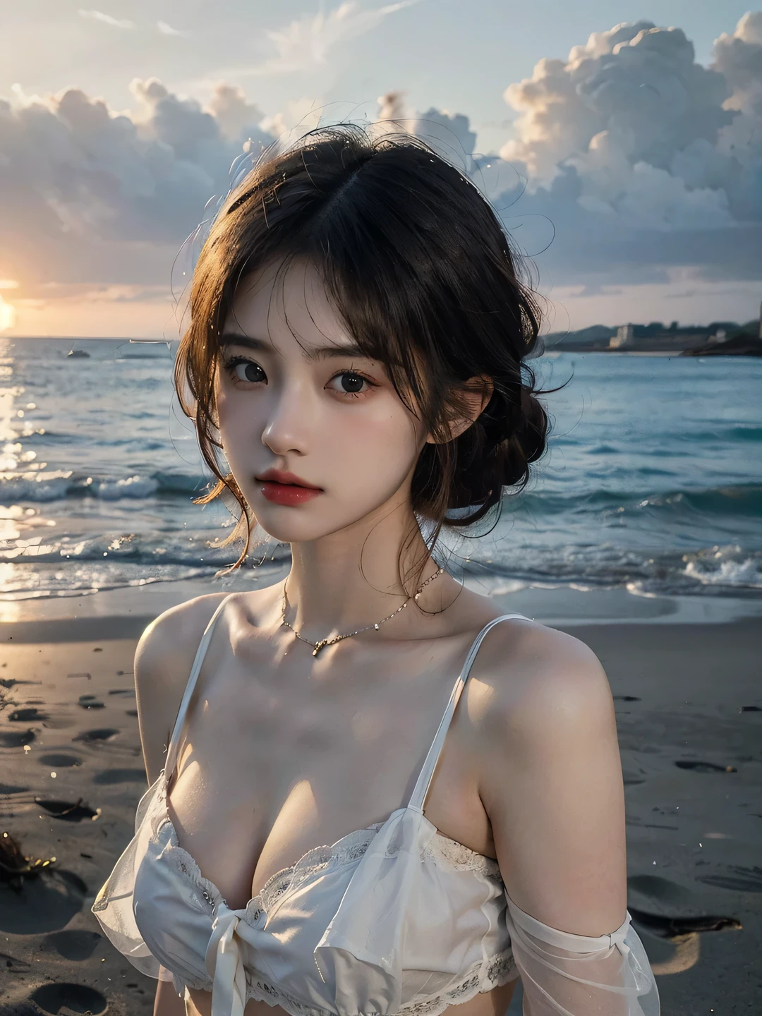 1girl, (looking at viewer:1.2), detail face, (a girl standing, rending on , sun falling and beach backdrop，（D cup，Cleavage，White translucent bandeau，), romanticism, atmospheric, (RAW photo, best quality), (realistic, photo-realistic:1.3), masterpiece, an extremely delicate and beautiful, extremely detailed,