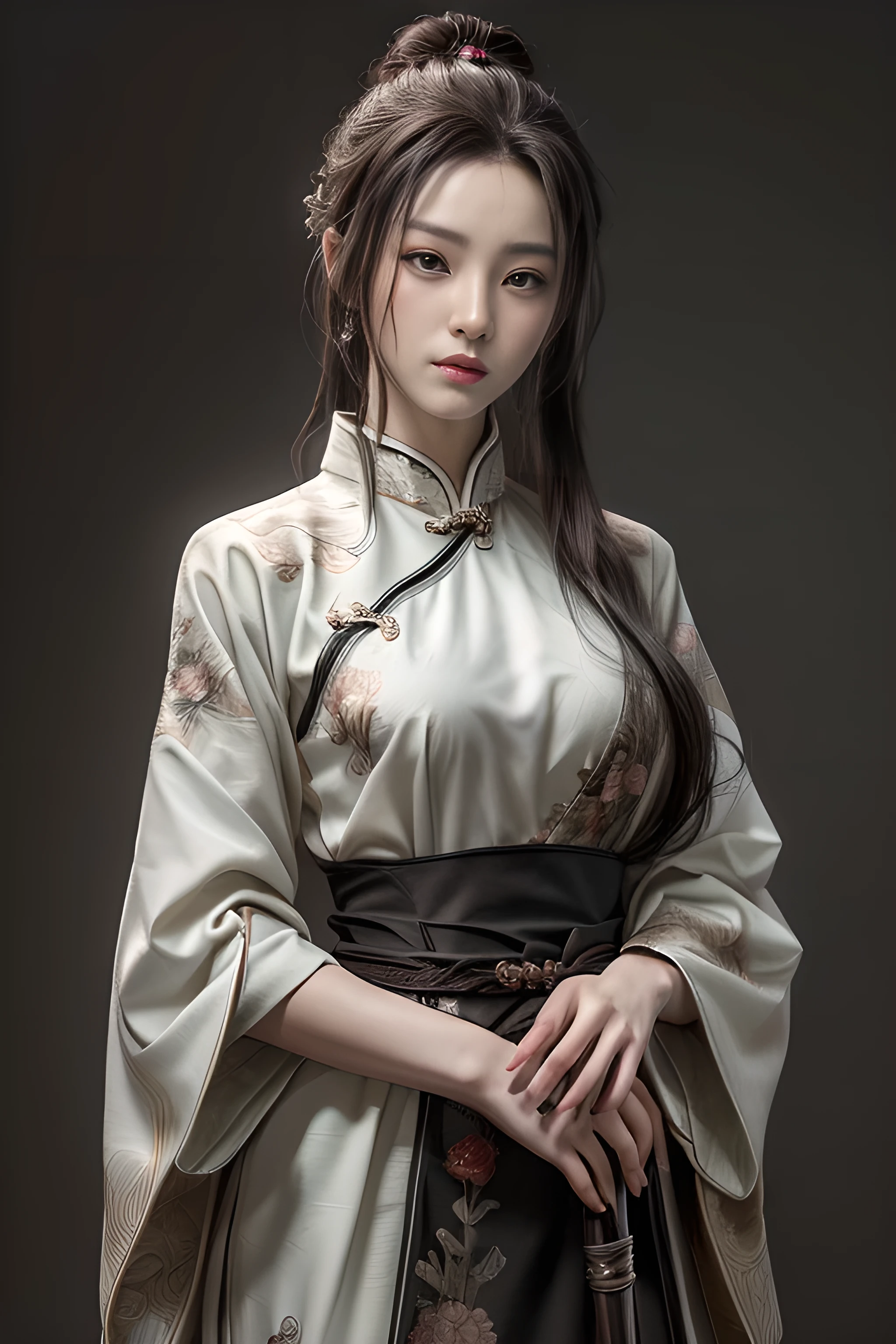 ((masterpiece, highest quality, High resolution, Realistic, to be born, 8k wallpaper)), Female swordsman in Chinese costume, Heroes of the Three Kingdoms, (He has a big sword in each hand), She has long black hair tied back, Wearing a seductive Chinese dress, Hold a straight sword towards the audience, Glaring at you, Dynamic pose, 