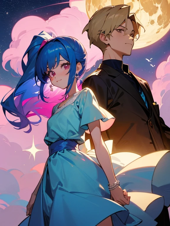 cartoon of a boy and a girl standing close together, ddlc, in the art style of 8 0 s anime, 9 0 s anime style, 90s anime style, in anime style, in an anime style, anime aesthetic, anime vibes, 9 0 s anime aesthetic, 9 0 s anime art style, lofi boy and girl, beautiful background outside, background at night with stars and a moon, fairy lights, beautiful background in a floral garden with fairy lights at night, a cute boy and a cute girl, beautiful faces, a boy and a girl, don't extra hands, NO extra hands, generate a boy and a girl with NO extra hands, NO extra arm, the boy has a short hairstyle and the girl has a long hairstyle, the boy has blue hair, the girl has pink hair, pretty faces, cute pretty boy in a smoking dress, cute pretty girl in a beautiful dress, with amazing smile, boy has a pretty smile, girl has a cute smile, cartoon of a boy and a girl standing close together, ddlc, in the art style of 8 0 s anime, 9 0 s anime style, 90s anime style, in anime style, in an anime style, anime aesthetic, anime vibes, 9 0 s anime aesthetic, 9 0 s anime art style, lofi boy and girl, beautiful background outside, background at night with stars and a moon, fairy lights, beautiful background in a floral garden with fairy lights at night, a cute boy and a cute girl, beautiful faces, a boy and a girl, don't extra hands, NO extra hands, generate a boy and a girl with NO extra hands, NO extra arm, the boy has a short hairstyle and the girl has a long hairstyle, the boy has blue hair, the girl has pink hair, pretty faces, cute pretty boy in a smocking dress, cute pretty girl in a beautiful dress, with amazing smile, boy has a pretty smile, girl has a cute smile  