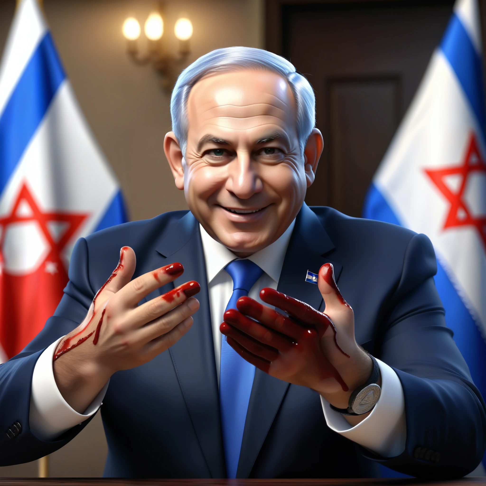 (masterpiece:1.2) (photorealistic:1.2) (bokeh) (best quality) (detailed skin) (intricate details) (8k) (high poly) (ray tracing) (cinematic lighting) (sharp focus),( full body:1.2), (half body:1.2) The truth of clean smiling Benjamin Netanyahu (trying to wipe blood from his hands:1.4), (malevolence:1.2) Israel flags