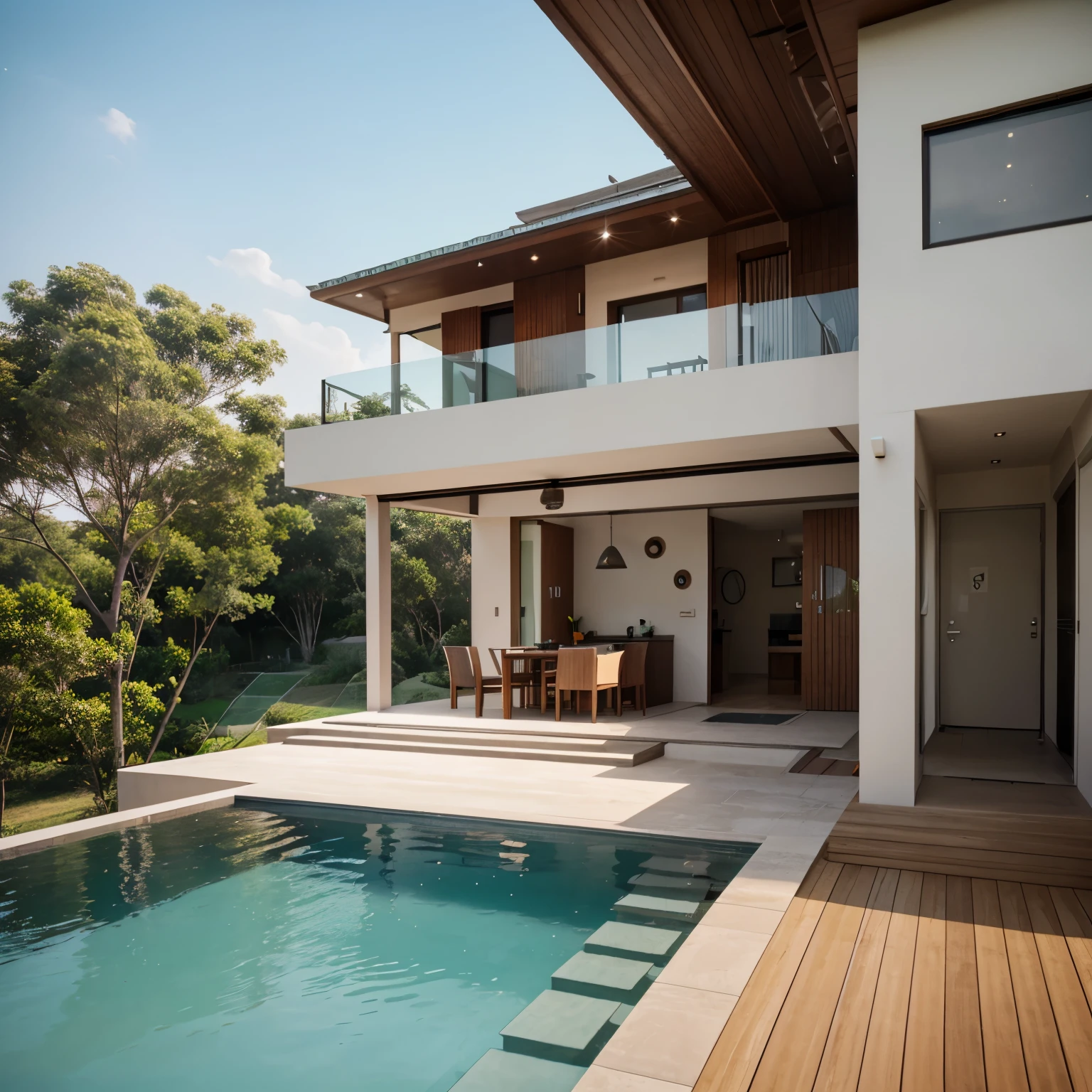 Creat two dimensional render design that at hilltop area which consists infinity swimming pool with deck with view side facing two bedroom with attached toilet and hall beside tis kitchen plus dinning,common toilet, through Connected stair case