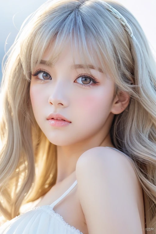 best quality, anime style, from above, looking away, girl,stare,double eyelid eyes, warm eyes, short nose, close-mouth,plump lips, lip gloss, super long hair, wavy hair, bangs, white hair, medium breasts, thin body type, white background, white dress,