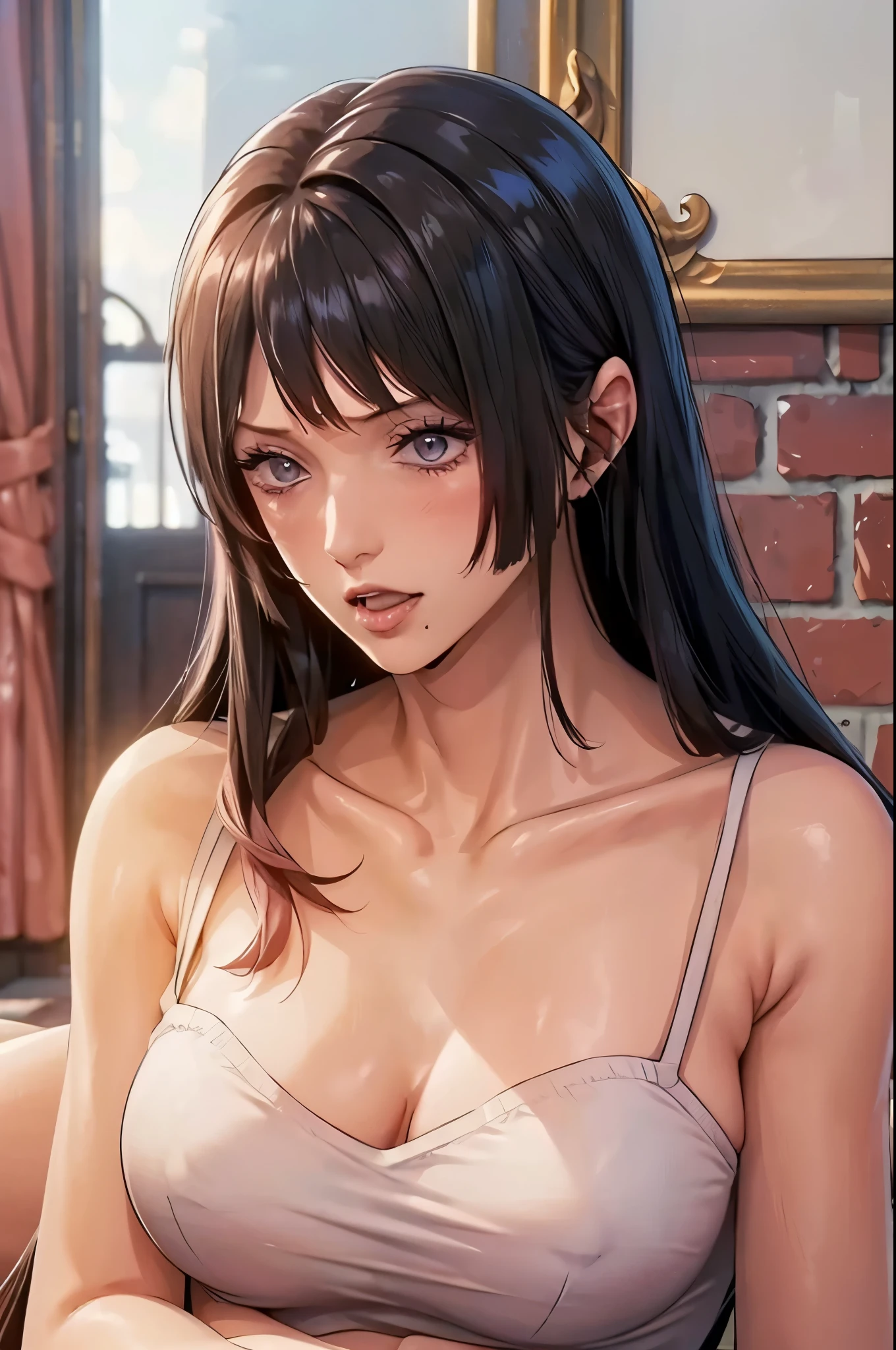 (((masterpiece))), (((best quality))), ((ultra-detailed)), (highly detailed CG illustration), Boa Hancock, (masterpiece:1.5), Detailed Photo, Sexy, (Best Quality: 1.4), (1girl), Beautiful Face, (Black Hair, long Hair: 1.3), Beautiful Hairstyle, beautiful detail eyes, (realistic skin), beautiful skin, absurd, attractive, ultra high resolution, high definition, (sexually aroused:1.5), Pinkish white skin, cool white light, sexy pose, Beautiful , white background, pink soft white light, Wear a white tank top, (sexy pinkarmpit:1.5)