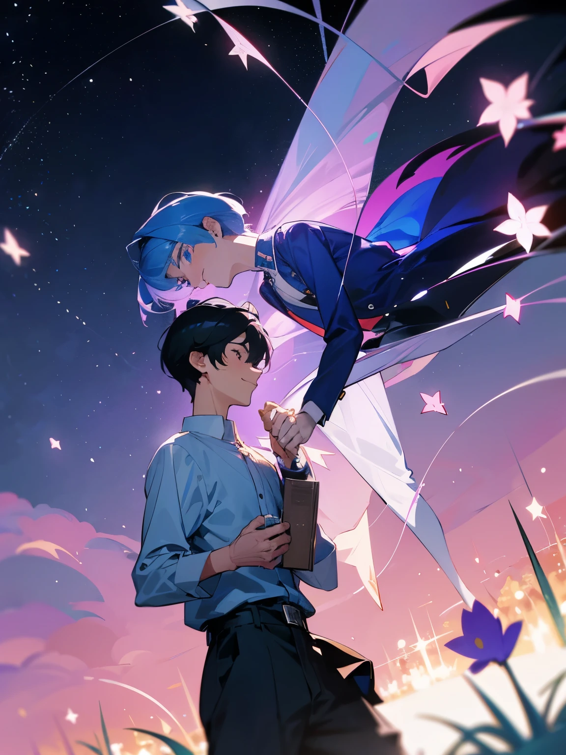 cartoon of two boys in cool positions standing together looking at the camera, ddlc, in the art style of 8 0 s anime, 9 0 s anime style, 90s anime style, in anime style, in an anime style, anime aesthetic, anime vibes, 9 0 s anime aesthetic, 9 0 s anime art style, lofi boys, beautiful background outside, background at night with stars and a moon, fairy lights, beautiful background in a floral garden with fairy lights at night, two cute boys, beautiful faces, two boys, don't extra hands, NO extra hands, generate two boys with NO extra hands, NO extra arm, the two boys has a short hairstyle, one boy has blue hair, the other boy has black hair, pretty faces, two cute pretty boys in smocking, with amazing smile, the two boys has a pretty smile,