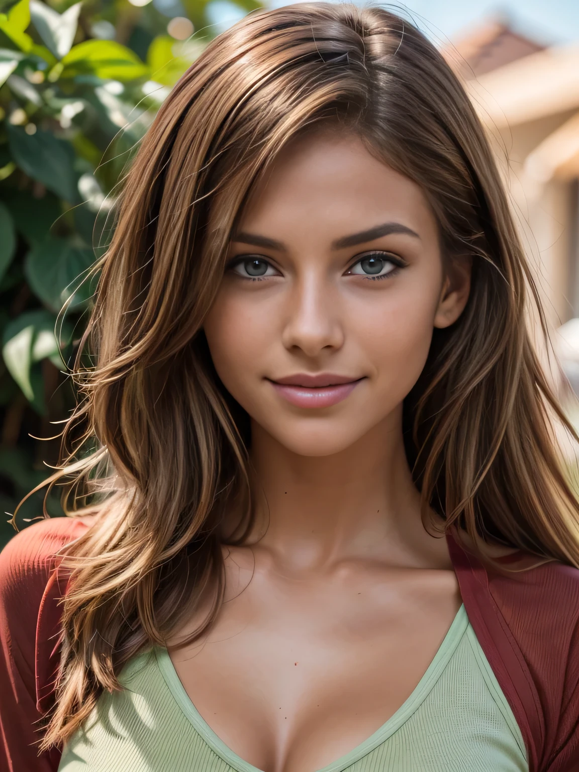 RAW photo, Portrait of a beautiful light brown smiling woman in a red shirt (high detail skin:1.2), 8K UHD, Digital SLR, Soft lighting, High quality, filmgrain, Fujifilm XT3, perfect figure beautiful woman:1.4, Slim abs:1.1, ((Long light brown hair green eyes))