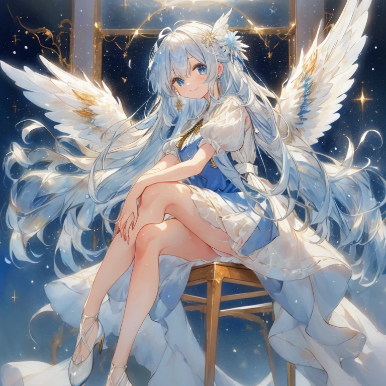 (( facing the canvas, left hand holding a palette with paint on it, right hand holding a brush, painting in oil on canvas, Archangel )). Full body. A happy smile. A moe anime-style super beautiful girl with large, sparkling blue eyes and a fluffy appearance. She wears an apron worn by a painter and a frilly long dress in blue and white with many ribbons and sparkling jewel ornaments. She has fantastic and detailed translucent white angel wings, and an aura of pale light accentuates her fantastic atmosphere. She wears her hair in long, voluminous waves and sparkling jewelry matching her outfit, giving her a cute and whimsical look. She is shown painting while sitting in a chair against a canvas. The background is a dreamy antique cabin with dusty light floating in the air and a sparkling starry sky outside the window, the soft light blue tones enhancing her fantastic and gentle atmosphere.