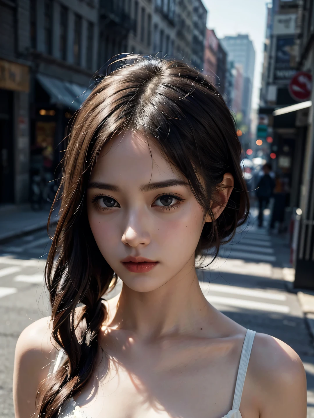 1girl, (looking at viewer:1.2), detail face, (a girl standing, rending on cgsociety, black shadows, streaming, new york backdrop), romanticism, atmospheric, (RAW photo, best quality), (realistic, photo-realistic:1.3), masterpiece, an extremely delicate and beautiful, extremely detailed,