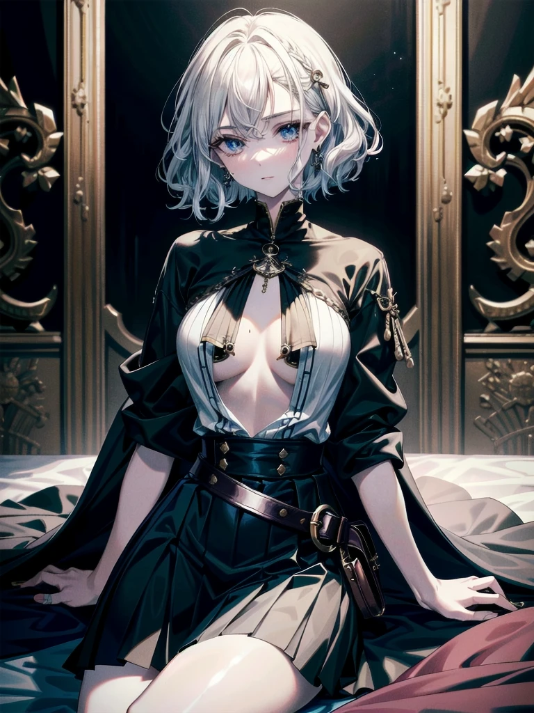 absurdres, RAW photo, extremely delicate and beautiful, masterpiece, Best Quality, ultra high resolution, 32k, hyperrealistic, ultra-detailed, detailed description, pale skin, 20 years old, tearful mole, earring, Colossal tits, short medium hair, wavy hair, Practical pirate clothing, Long-sleeved pirate top, Skirt,
