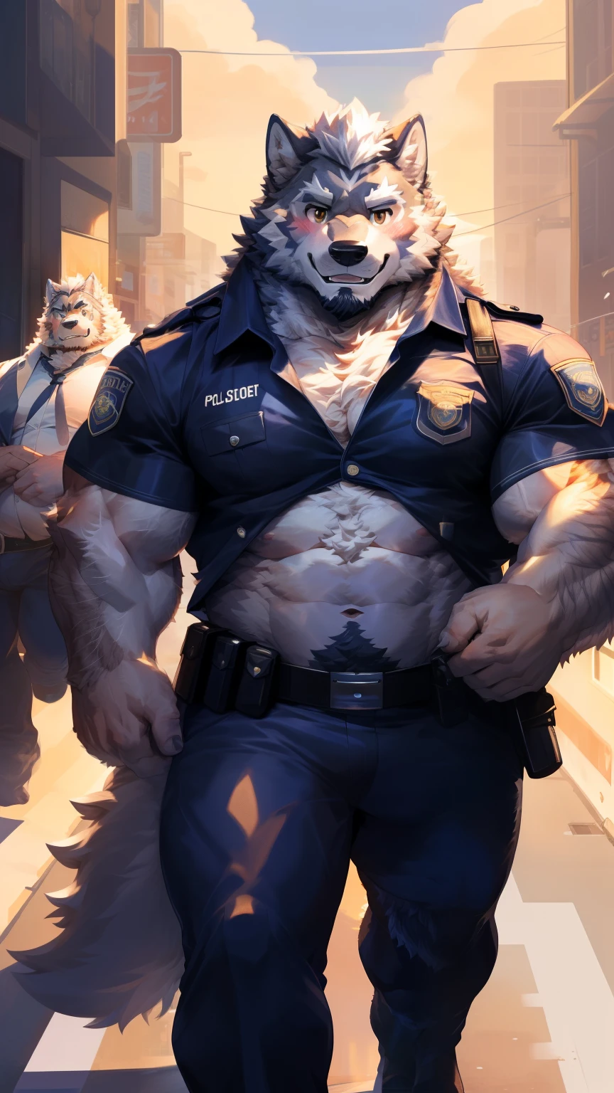 Solitary, anthropology, hairy, hairy male, Wolf, ((Fluffy fur, Fluffy, hairy body)), (Wolf印), (short beard), youth, Gray body, muscular, White, Big muscles, Golden pupils, Tail, deTailed teeth, deTailed face, Fundos, bridegroom, ((Open neckline)Black police uniform), (Black leggings), With a pistol, Standing shyly in front of the police car, deTailed Fluffy fur, deTailed face, ((Look up at the audience)), majestic, barbarous, A faint smile, Blushing, Strong, Urban streets, Half sideways, ((Top view)), (through empty ghost, From wolf26, masterpiece, high quality, high resolution,8k), permanent, Full body portrait, outdoor,