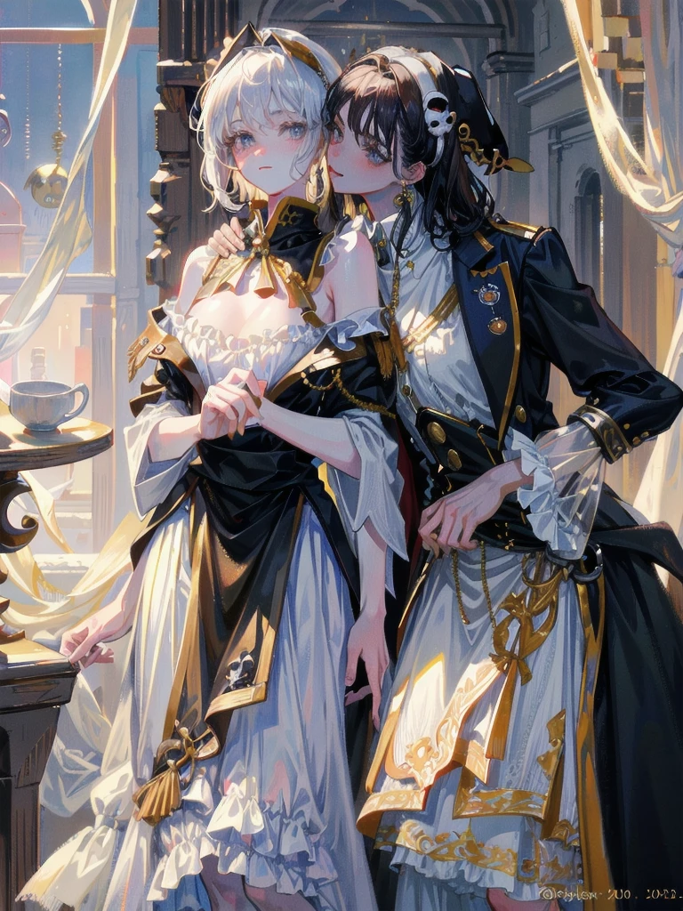 absurdres, RAW photo, extremely delicate and beautiful, masterpiece, Best Quality, ultra high resolution, 32k, hyperrealistic, ultra-detailed, detailed description, pale skin, 20 years old, tearful mole, earring, Colossal tits, short medium hair, wavy hair, Practical pirate clothing, Long-sleeved pirate top, Skirt,
