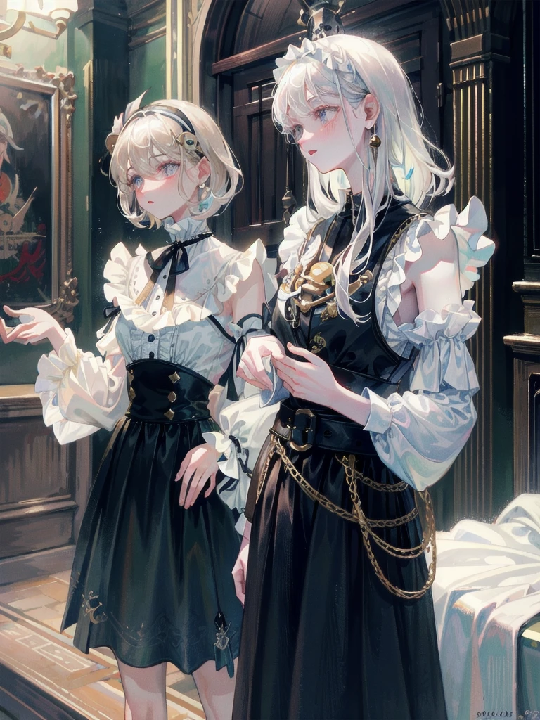 whole body, 2 girls, shirt and skirt, absurdres, RAW photo, extremely delicate and beautiful, masterpiece, Best Quality, ultra high resolution, 32k, hyperrealistic, ultra-detailed, perfect figure, detailed description, pale skin, 20 years old, detailed beautiful face and eyes, tearful mole, earring, short medium hair, wavy hair,